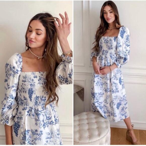 Reformation Dresses & Skirts - B71 Reformation Gitane Linen Midi Dress Womens XS Floral Square Neck Puff Sleeve